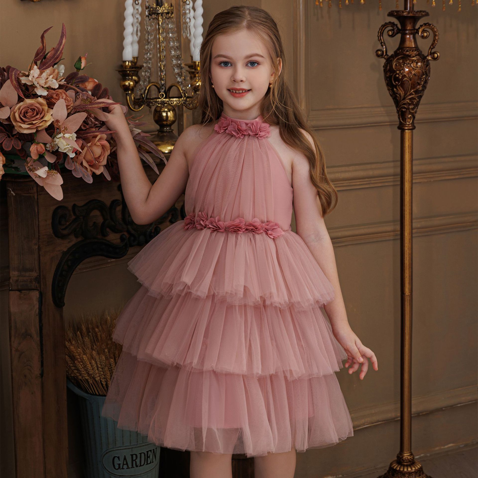 فساتين ميدي بدون أكمام مزينة بوردة شبكية - لون القرنفل - 8 سنوات - image 1