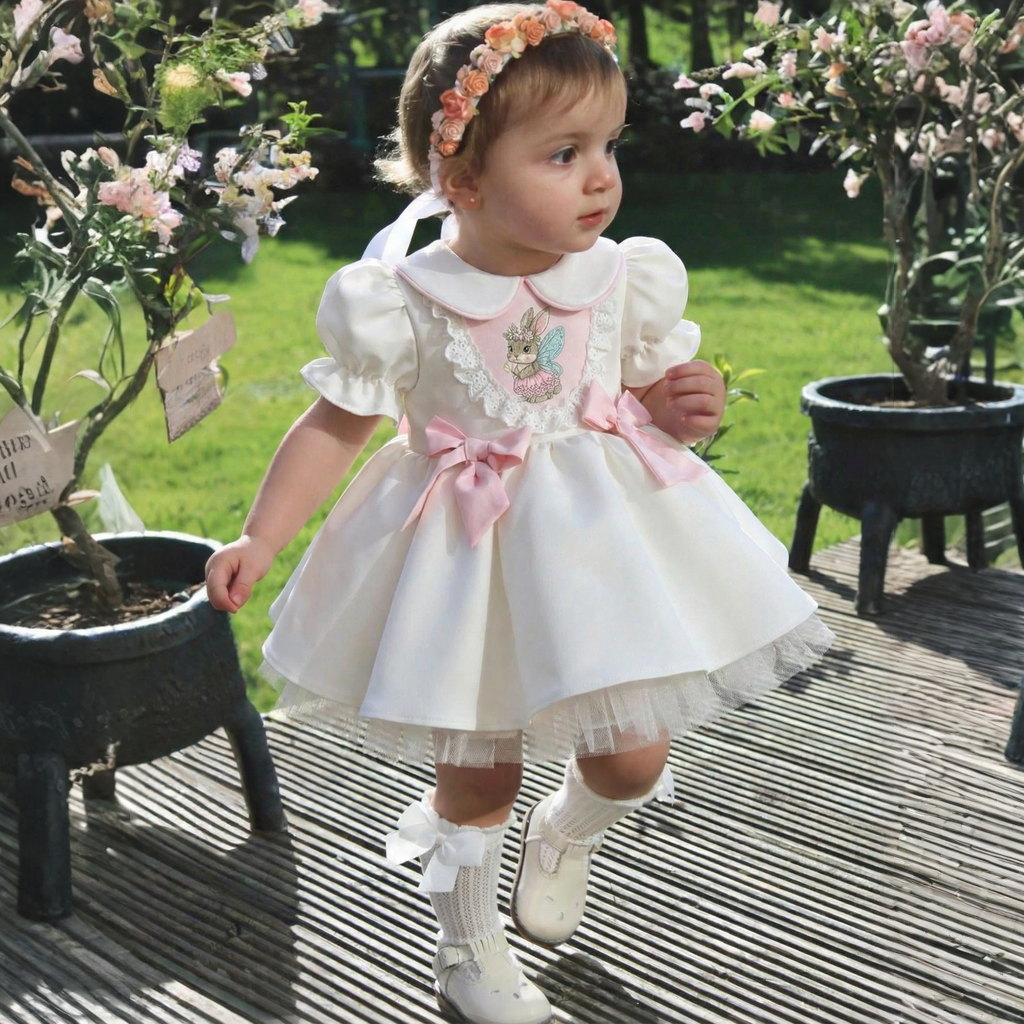 فساتين ميدي قصيرة الأكمام مطرزة بفيونكة من الساتان لعيد الفصح - image 2