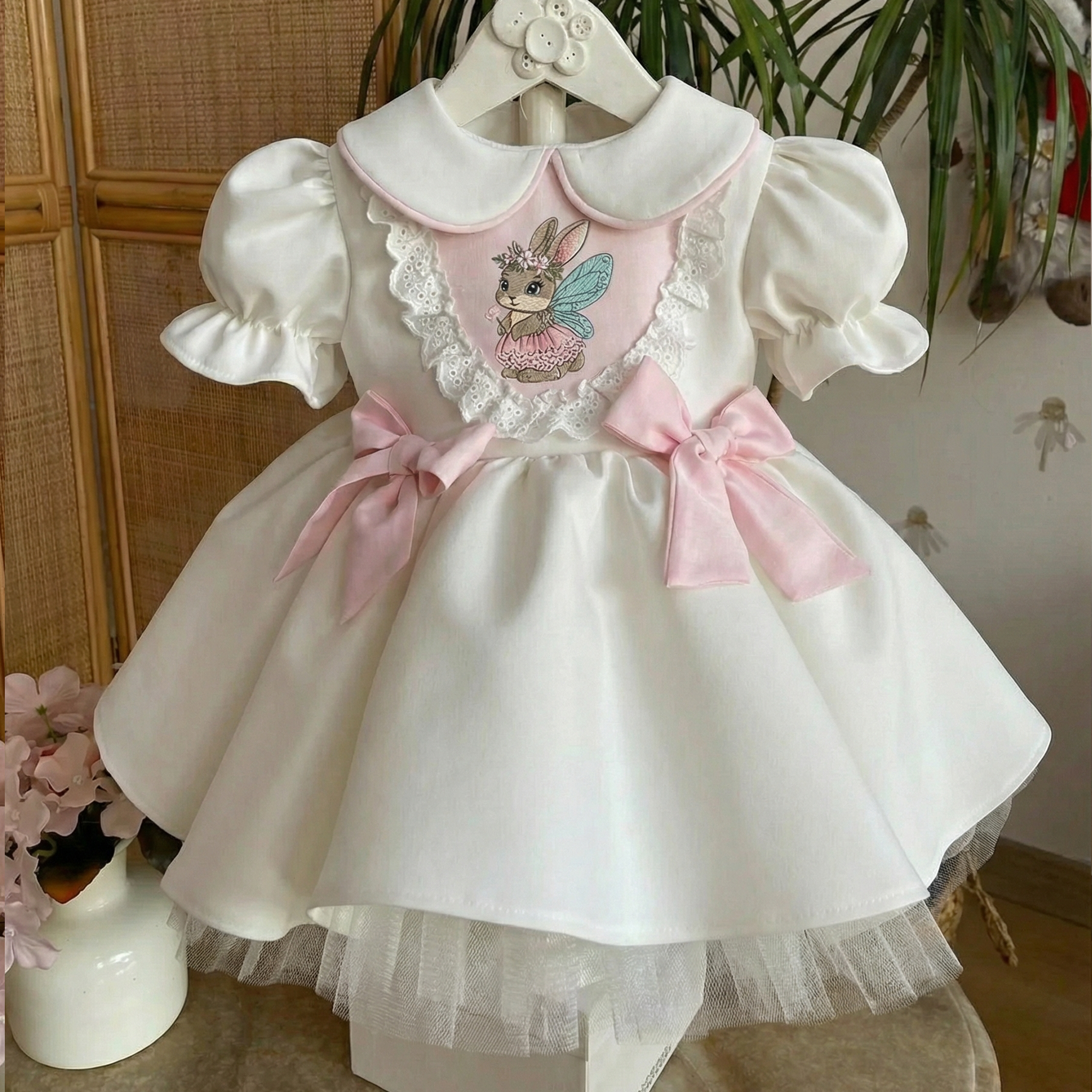 فساتين ميدي قصيرة الأكمام مطرزة بفيونكة من الساتان لعيد الفصح - image 3