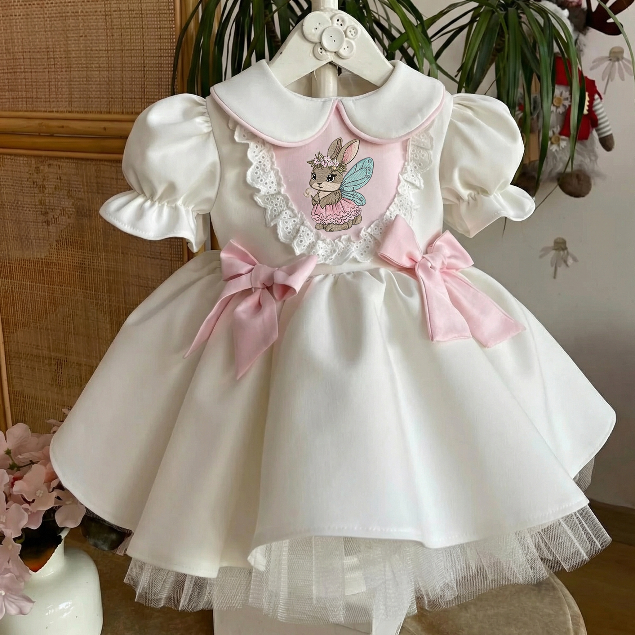 فساتين ميدي قصيرة الأكمام مطرزة بفيونكة من الساتان لعيد الفصح - أبيض - 6 سنوات - image 1