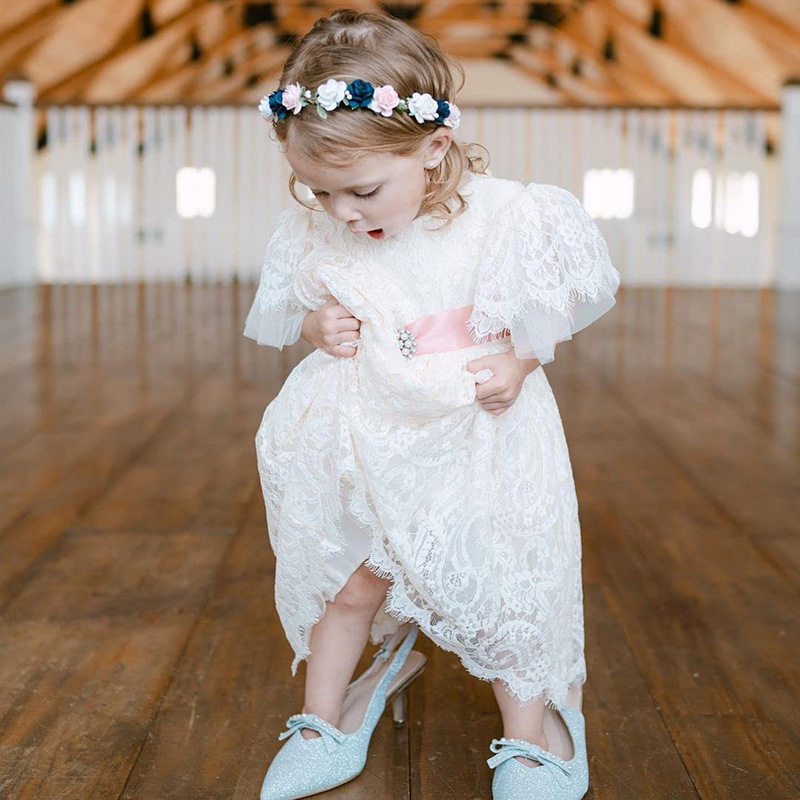 فساتين ماكسي قصيرة الأكمام بدون ظهر من الدانتيل بتصميم عيد الفصح - أبيض - 12-14 سنة - image 1