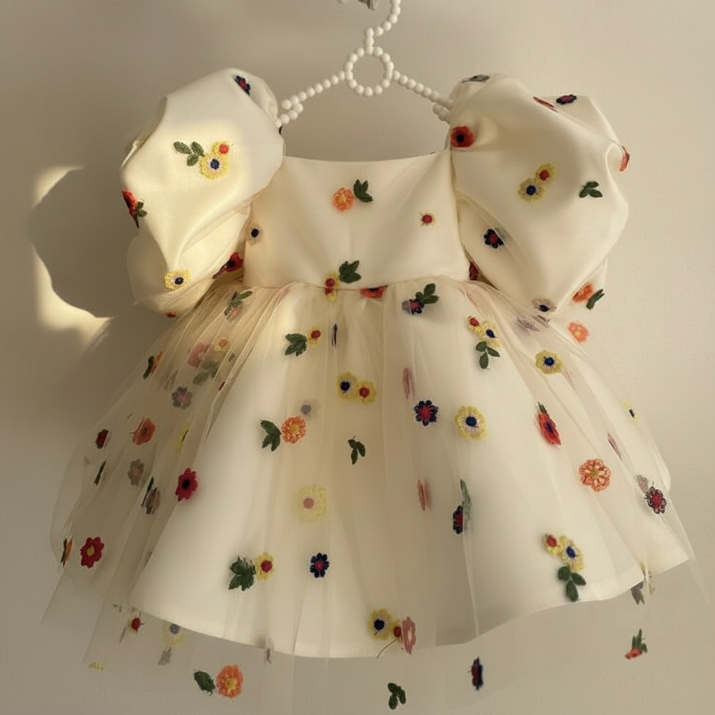 فساتين ميدي قصيرة الأكمام من الساتان المطرزة بالزهور - البيج - 5 سنوات - image 1