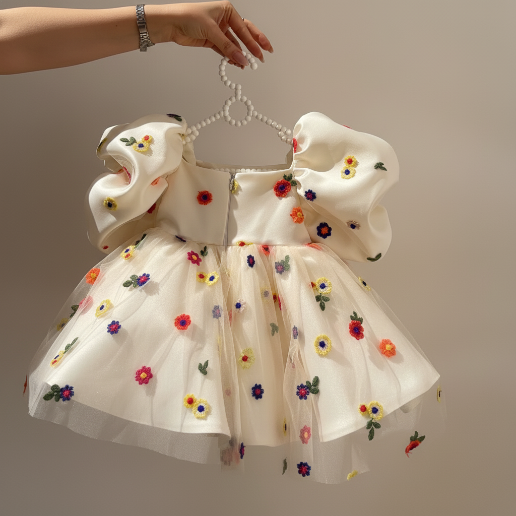 فساتين ميدي قصيرة الأكمام من الساتان المطرزة بالزهور - image 4