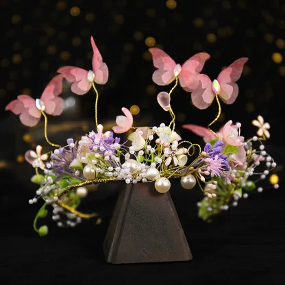 طوق شعر مزين بوردة صلبة لعيد الفصح - إكليل من اللؤلؤ على شكل فراشة وردية - image 6