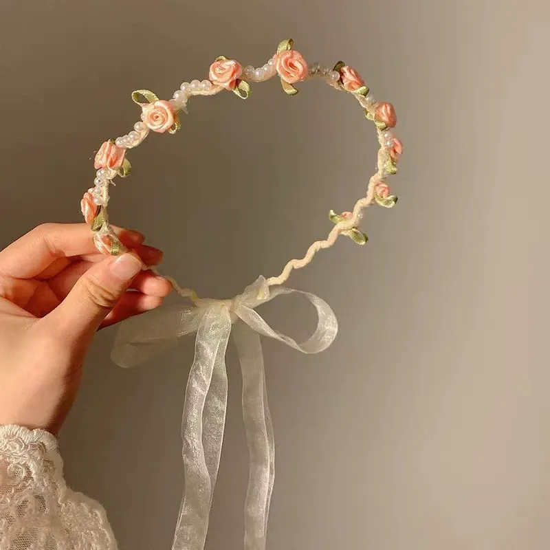 طوق شعر مزين بوردة صلبة لعيد الفصح - طوق رأس من اللؤلؤ الوردي - image 7