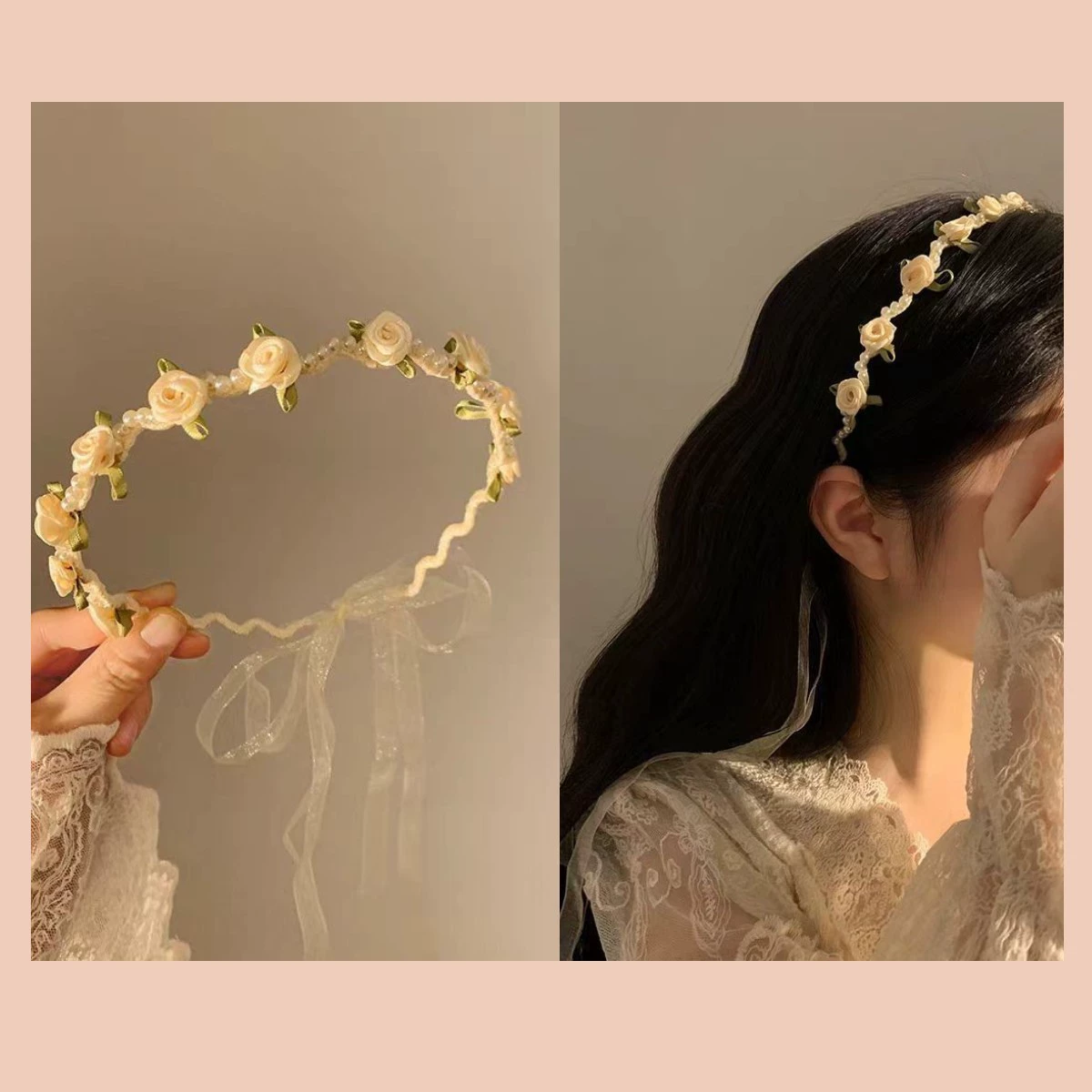 طوق شعر مزين بوردة صلبة لعيد الفصح - طوق رأس من اللؤلؤ الأبيض والوردة - image 8