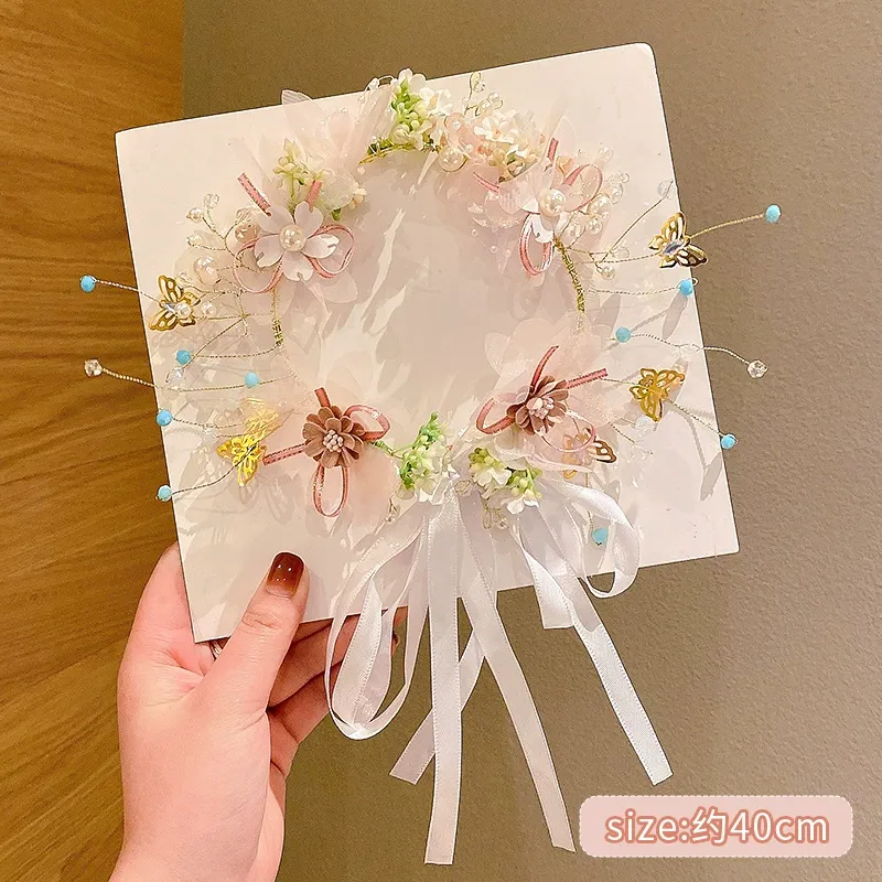 طوق شعر مزين بوردة صلبة لعيد الفصح - فراشة وردية اللون، إكليل ذهبي - image 9