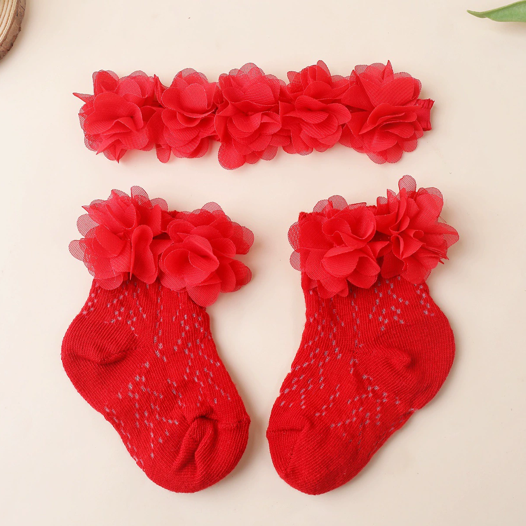 جوارب وربطة شعر مزينة بوردة صلبة - أحمر - 0-1 سنة - image 4