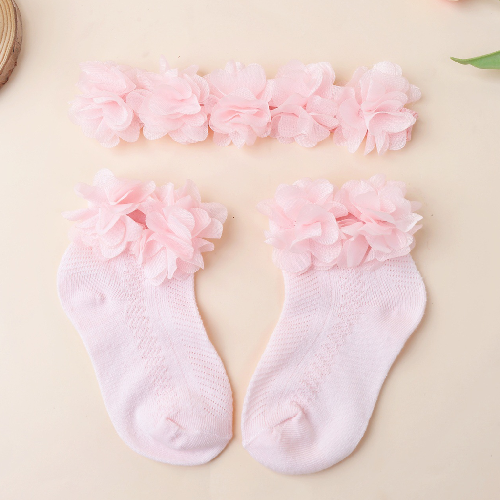 جوارب وربطة شعر مزينة بوردة صلبة - لون القرنفل - 0-1 سنة - image 1