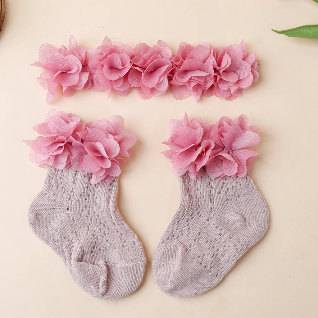 جوارب وربطة شعر مزينة بوردة صلبة - وردي داكن - 0-1 سنة - image 7