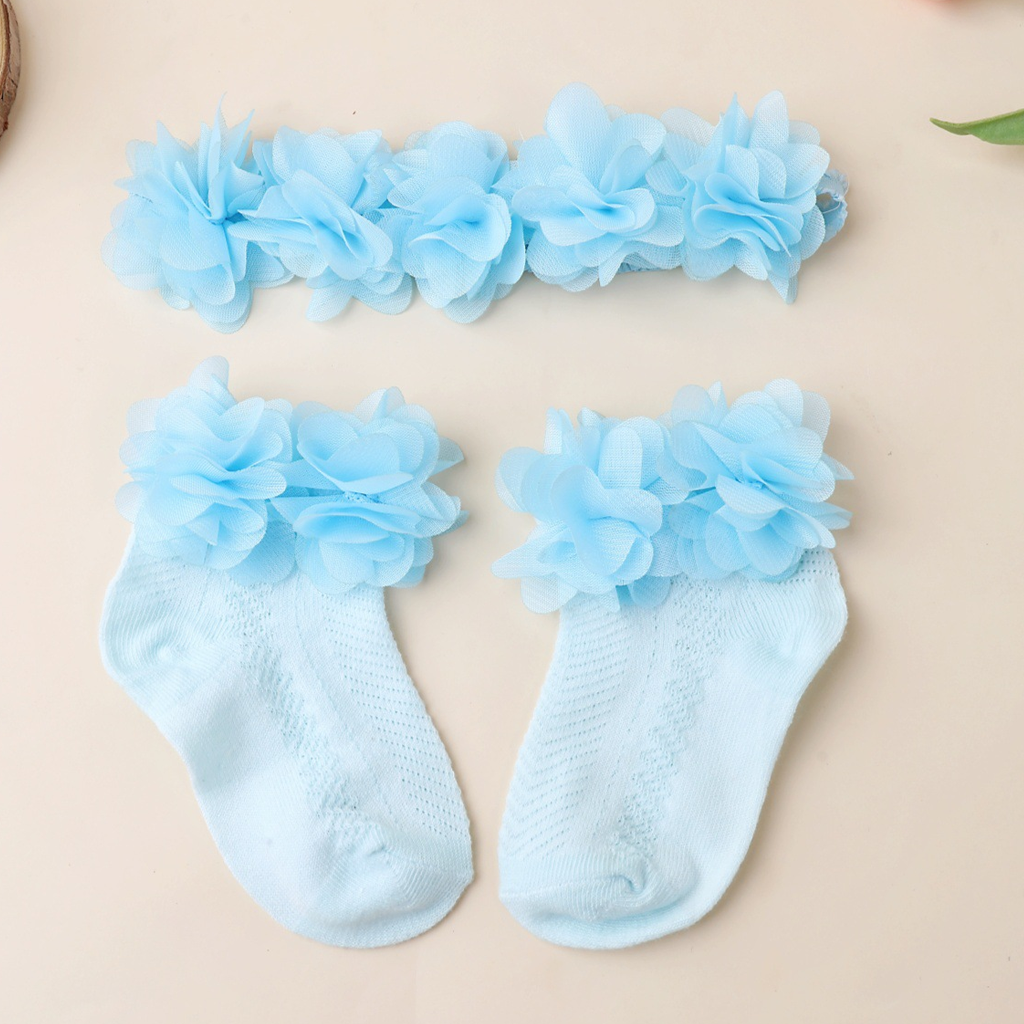 جوارب وربطة شعر مزينة بوردة صلبة - أزرق - 0-1 سنة - image 8