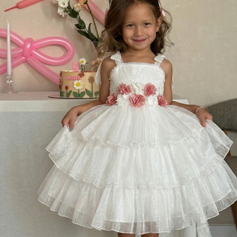 فساتين ميدي بدون أكمام مزينة بورود من الأورجانزا - أبيض - 8 سنوات - image 1