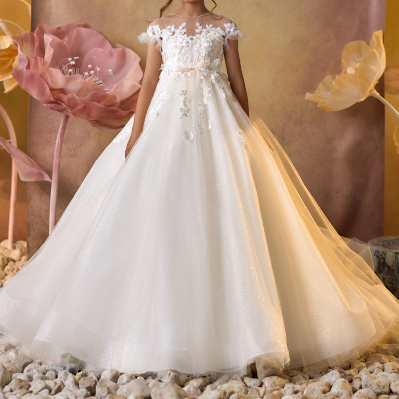 فساتين ماكسي بأكمام قصيرة وظهر مكشوف مزينة بتطريز شبكي على شكل وردة - أبيض - 14-15 سنة - image 1