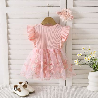 بدلة جسم متوسطة الطول بأكمام قصيرة مزينة بوردة مقسمة من القطن بنسبة 100% - image 2