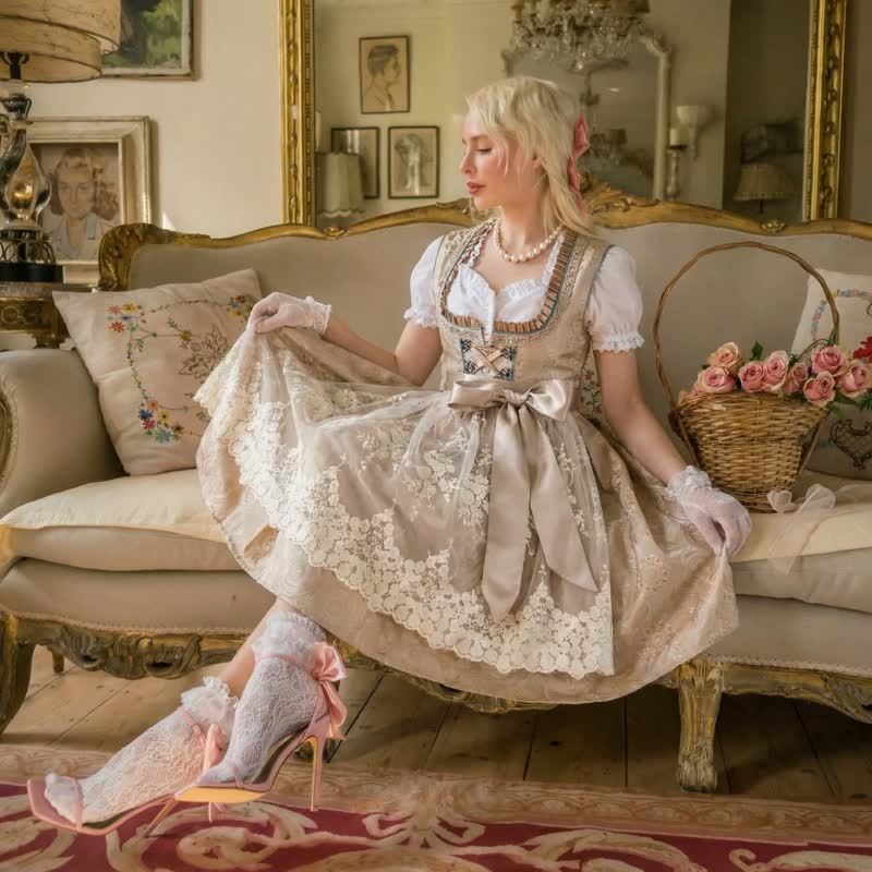 بلوزة ميدي بأكمام قصيرة برباط من مزيج الألياف الكيميائية مع فستان ومئزر - بني - مقاس كبير جدًا - image 12