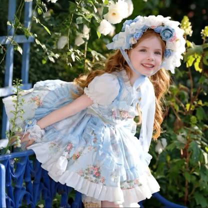 فساتين قصيرة الأكمام مطرزة بالزهور ومزينة بخياطة من البوليستر والقطن والدانتيل - أزرق فاتح - 13-14 سنة - image 1