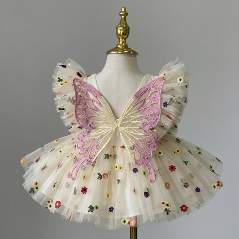 فساتين قصيرة بأكمام قصيرة من قماش شبكي على شكل فراشة - عاجي - 5 سنوات - image 1