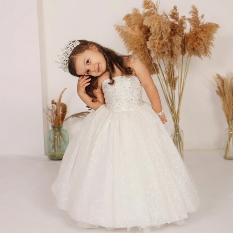 فساتين ماكسي بدون أكمام مزينة بالترتر والرباط - أبيض - 6 سنوات - image 1