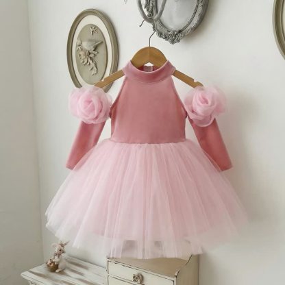 فساتين ميدي مخملية بفتحة جانبية وأكمام ثلاثة أرباع بدون قفازات - لون القرنفل - 11-13 سنة - image 1