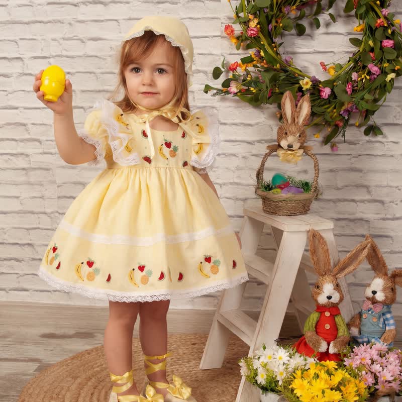 فساتين ميدي قصيرة الأكمام مطرزة بالدانتيل ومخيطة من القطن والكتان - أصفر فاتح - 4 سنوات - image 1