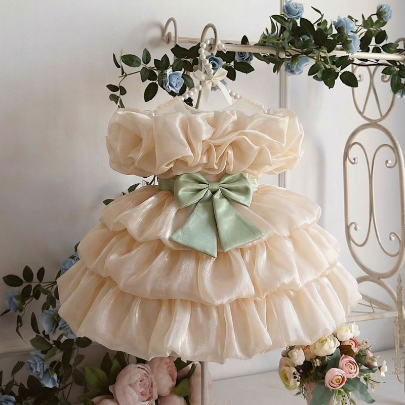 فساتين متوسطة الطول بأكمام قصيرة مزينة بفيونكة من الأورجانزا - الشمبانيا - 2-3 سنوات - image 1