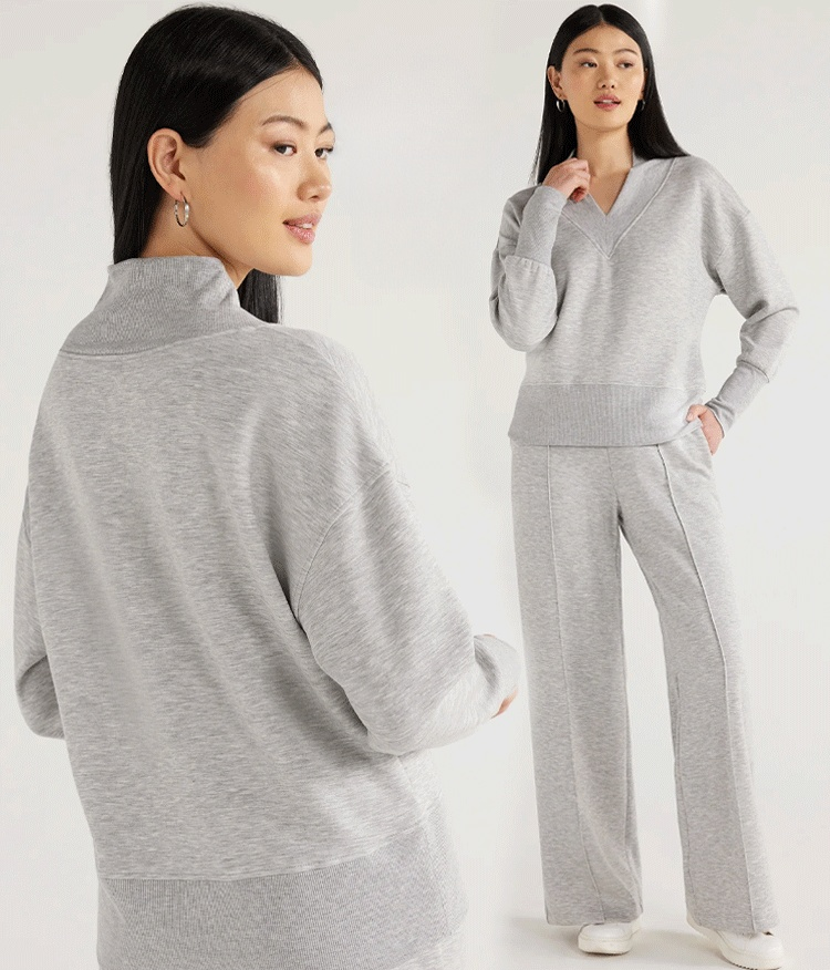 V-neck slimming long-sleeve top and wide-leg pants two-piece set