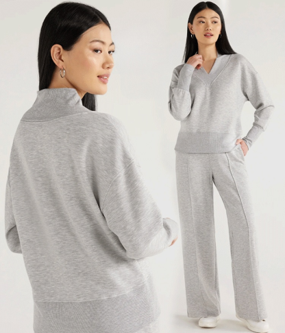 V-neck slimming long-sleeve top and wide-leg pants two-piece set