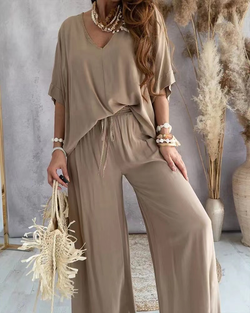 V-neck bat sleeve loose wide-leg pants suit