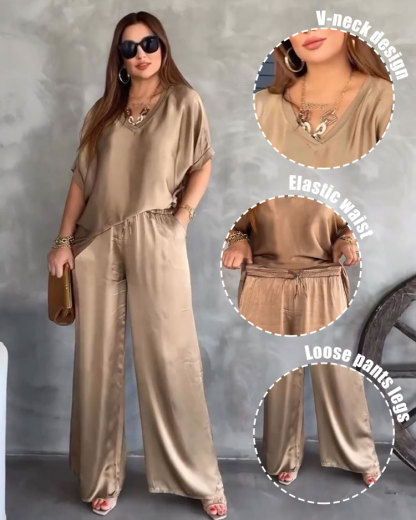 V-neck bat sleeve loose wide-leg pants suit