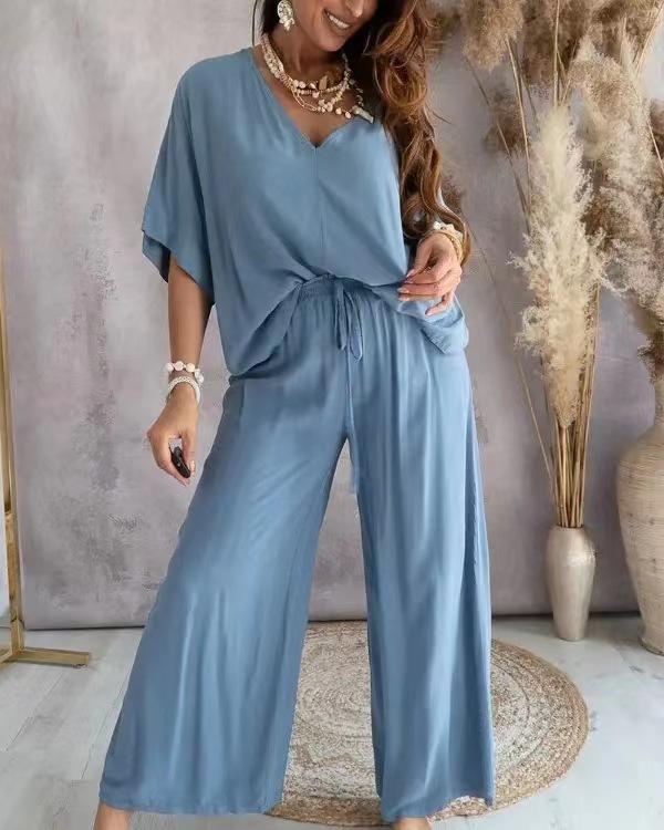 V-neck bat sleeve loose wide-leg pants suit
