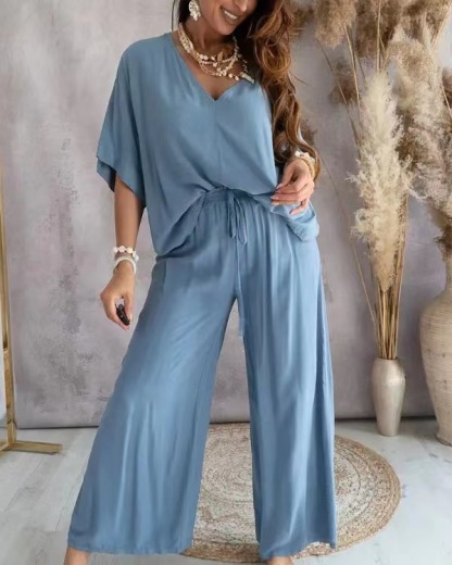 V-neck bat sleeve loose wide-leg pants suit