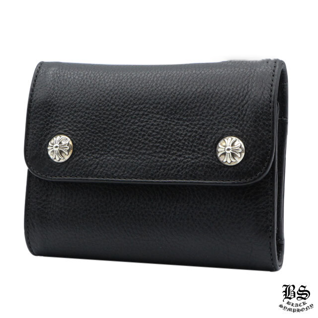クロムハーツ ウェーブウォレット クロスボタン ブラック ヘビーレザー ミニ財布