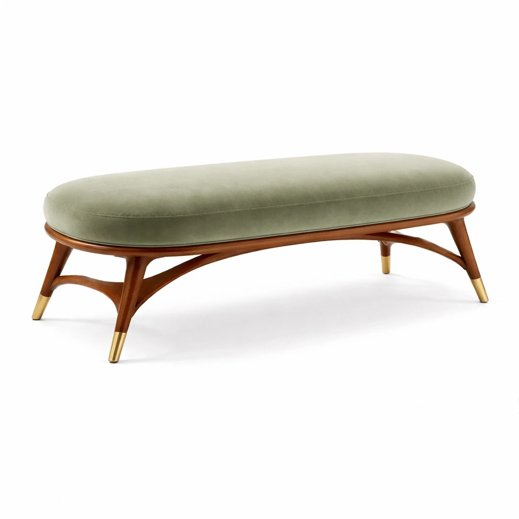 Curved Upholstered Bench – Sage Green-WiseWoven