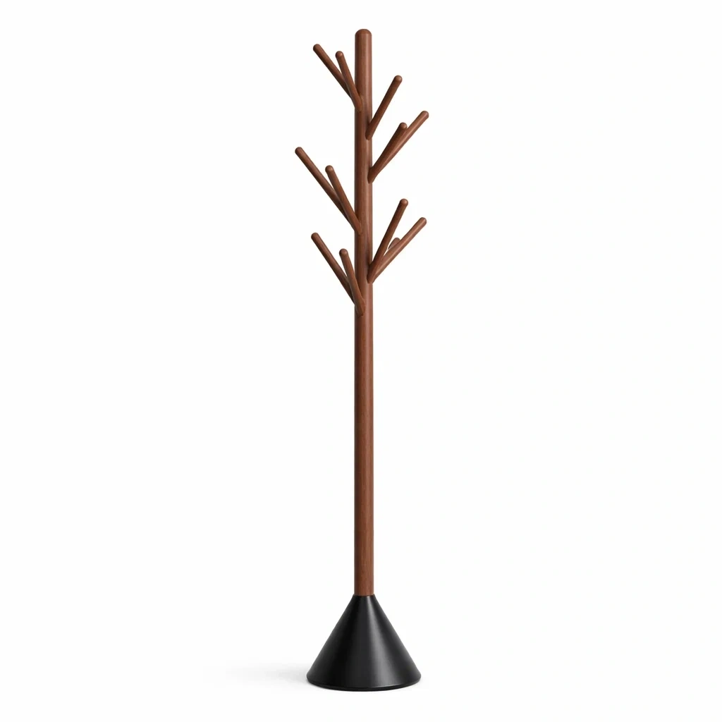 Solid Wood Coat Stand with Metal Base – Dark Walnut-WiseWoven