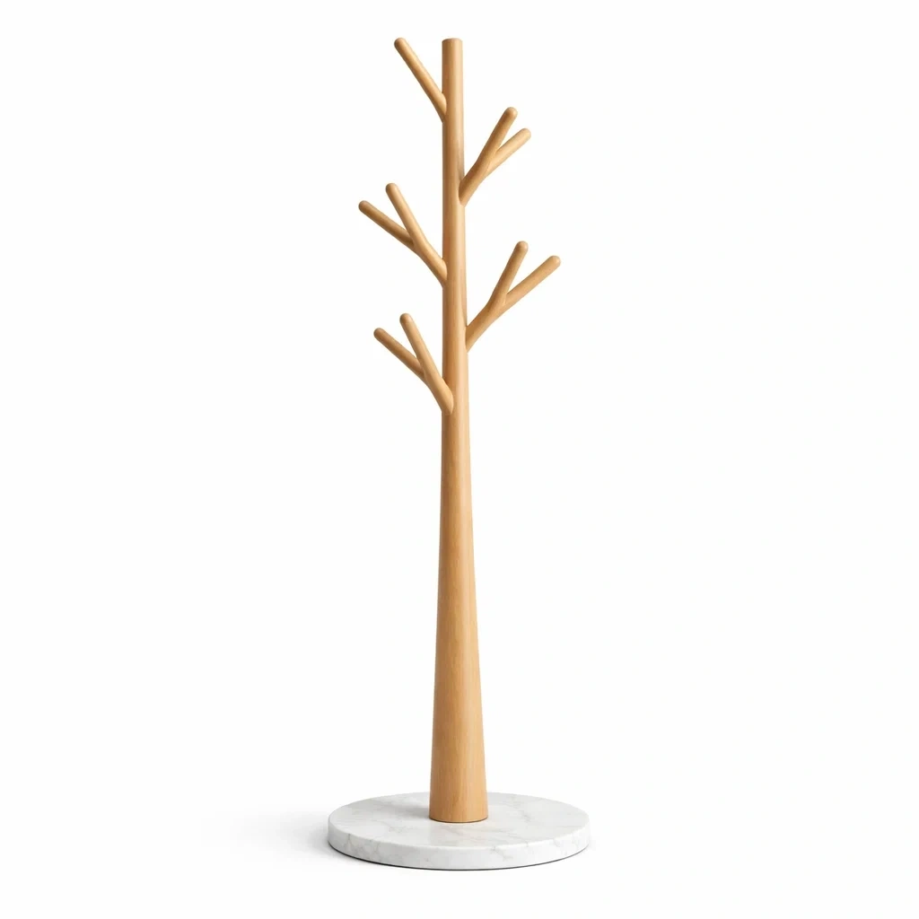 Solid Wood Coat Stand with Marble Base – Natural Wood-WiseWoven