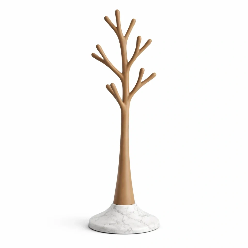 Solid Wood Coat Stand with Marble Base – Light Oak-WiseWoven