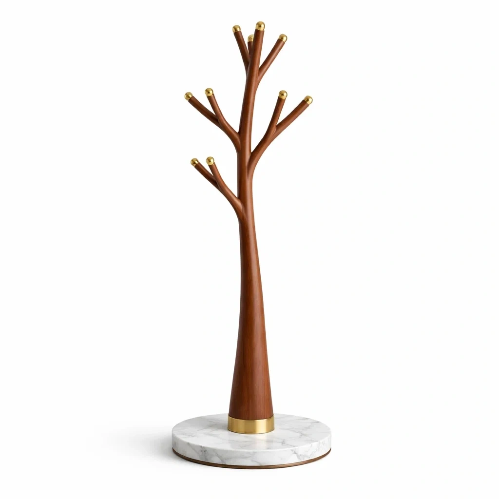 Solid Wood Coat Stand with Marble Base – Walnut and Brass Detail-WiseWoven