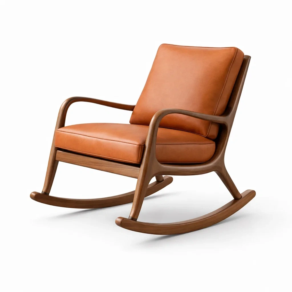 Wooden Rocking Chair – Brown Leather-WiseWoven