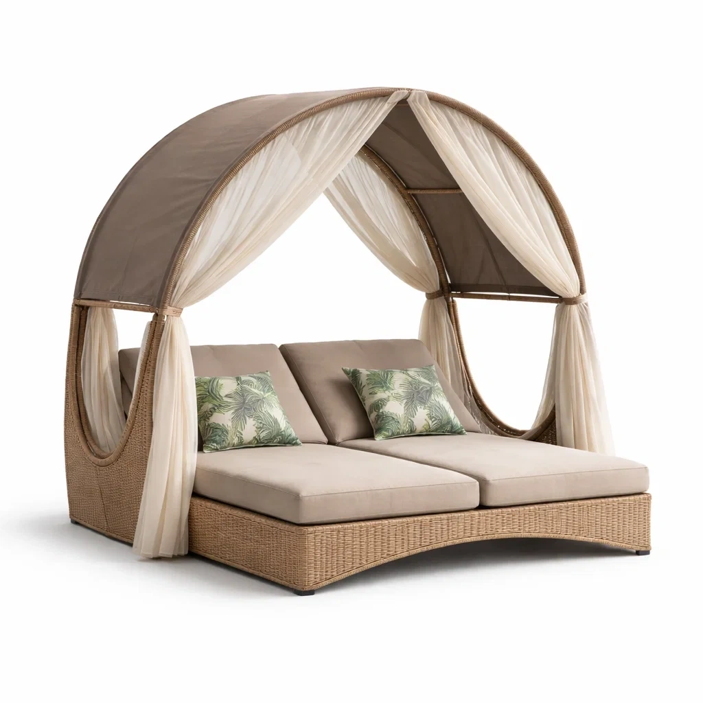 Outdoor Wicker Canopy Daybed – Beige-WiseWoven