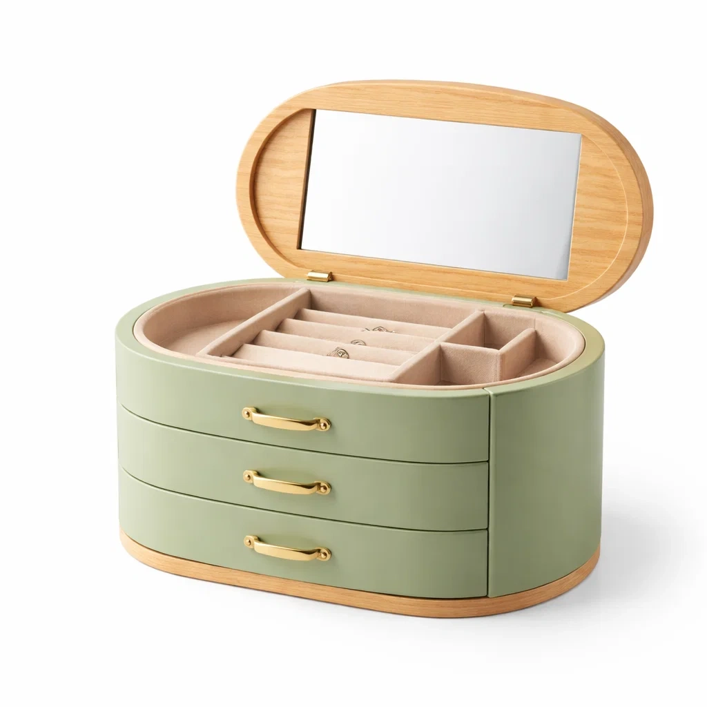 Oval Jewellery Storage Box with Mirror Lid-Sage Green-roomtimber