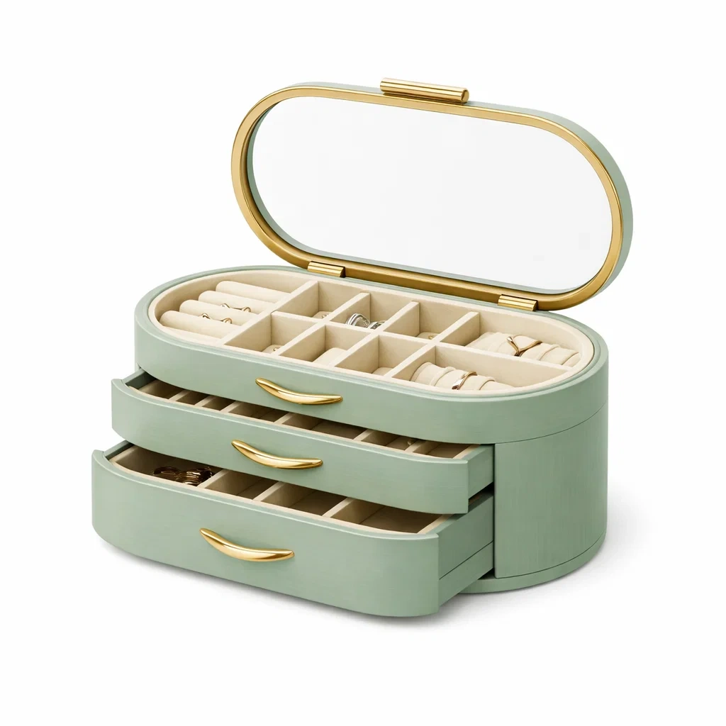Oval Jewellery Storage Box with Drawer Layers-Mint Green-roomtimber