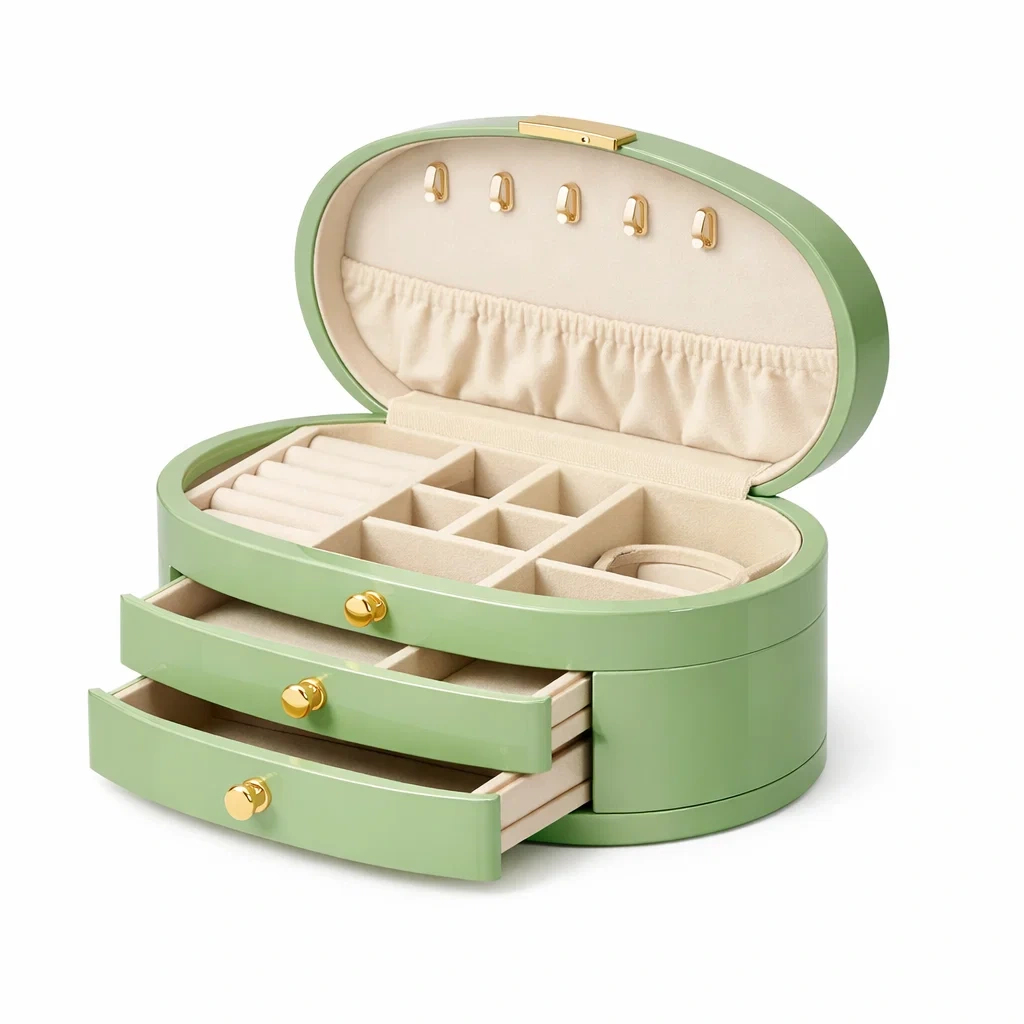 Oval Jewellery Storage Box with Hooked Lid-Green-roomtimber