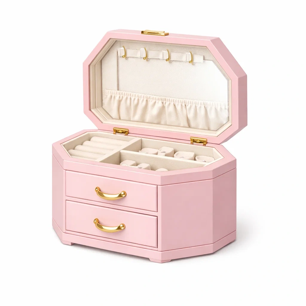 Octagonal Jewellery Storage Box with Double Drawers-Pink-roomtimber