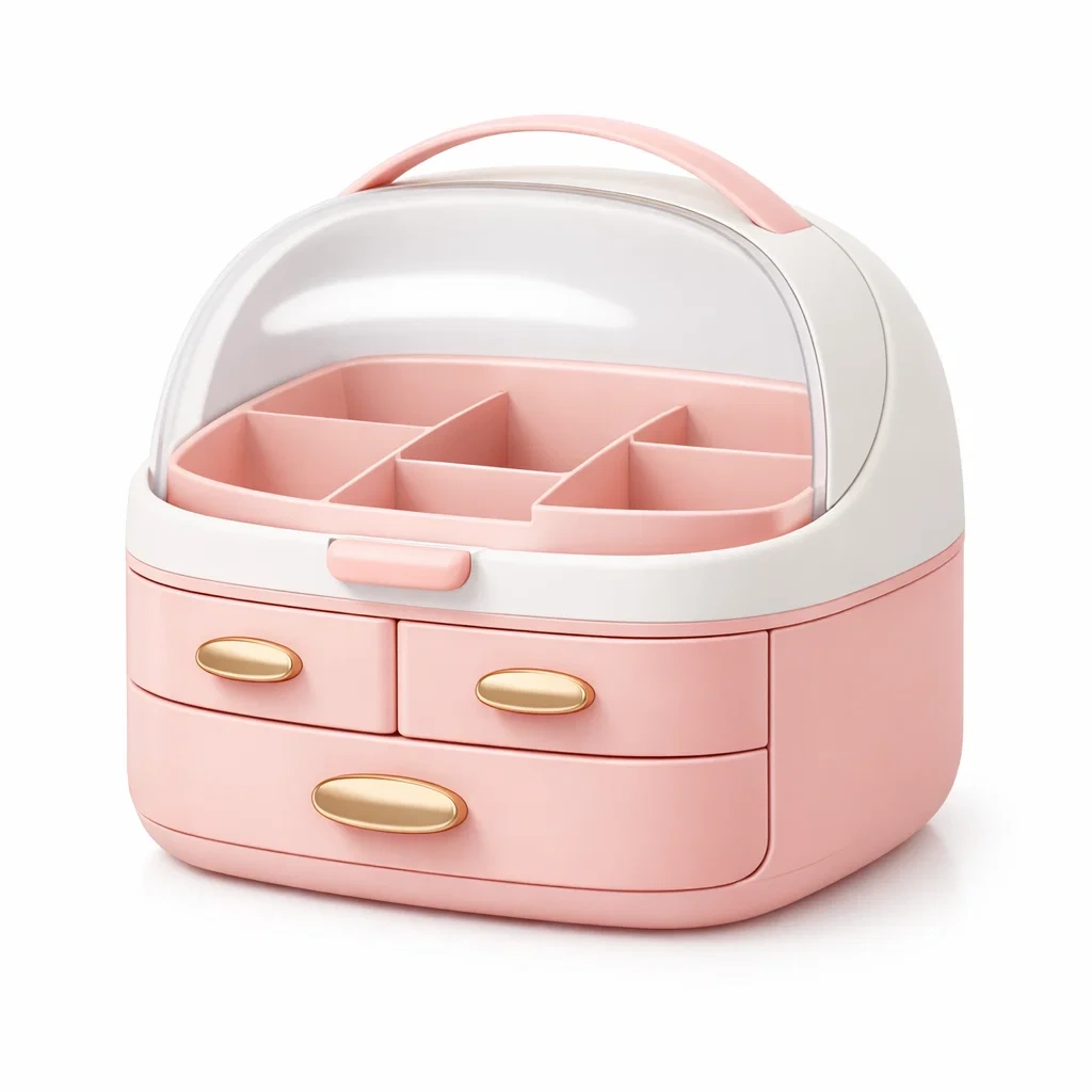 Cosmetic Storage Organiser with Clear Lid-Pink and White-roomtimber