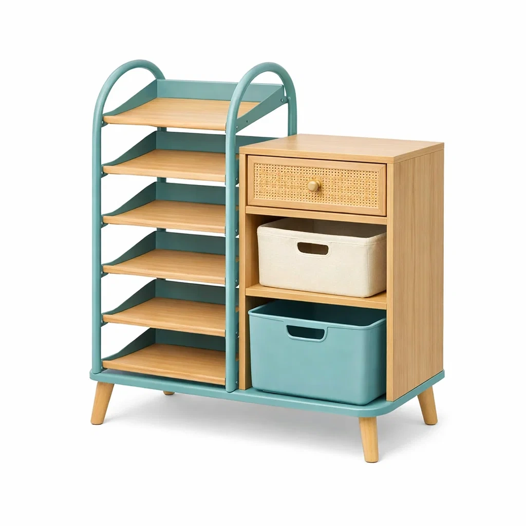 Oak Finish Storage Rack with Fabric Bins-roomtimber
