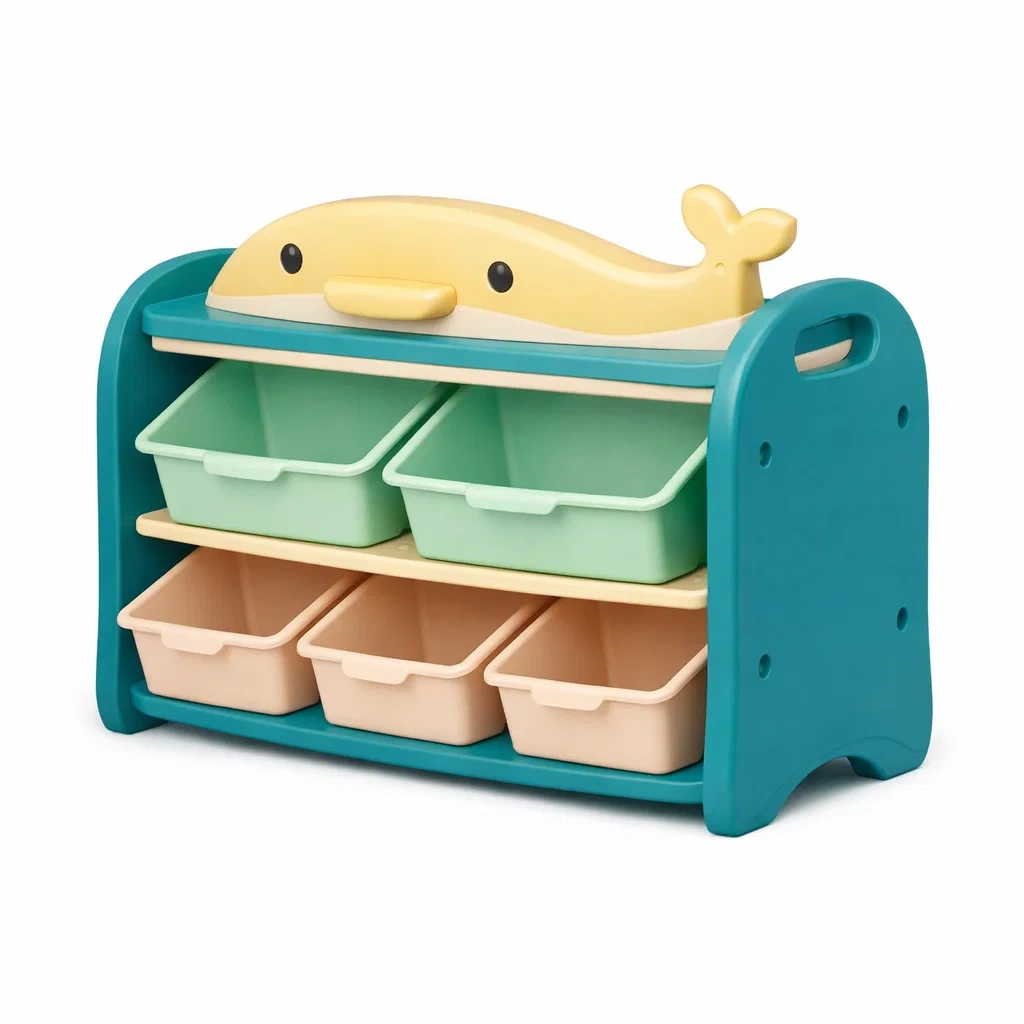 Kids Whale Shape Storage Shelf with Plastic Bins C Teal-timbercabinhome