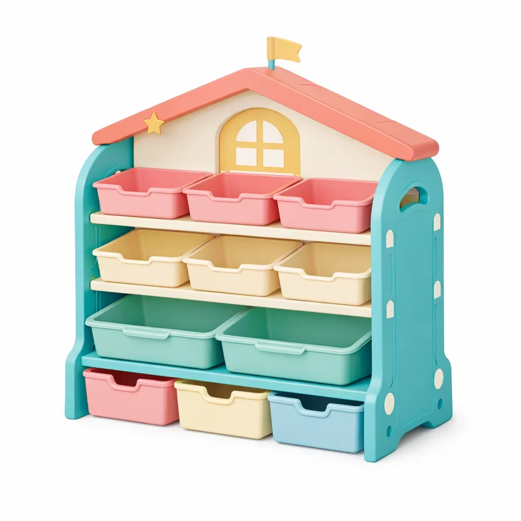 Kids House Shape Storage Shelf with Plastic Bins C Teal-timbercabinhome