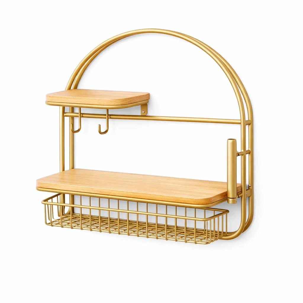 Wall Shelf with Wire Basket C Gold-timbercabinhome