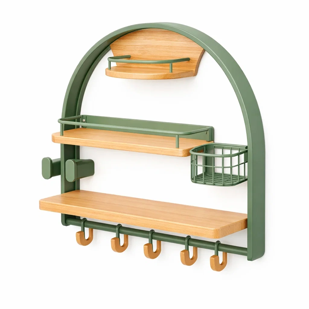 Wall Shelf Set with Hooks and Basket C Green-timbercabinhome