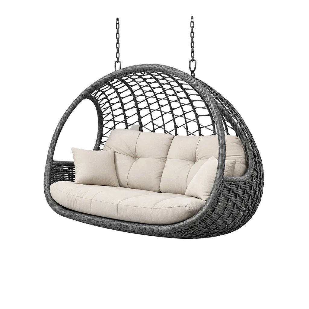 Grey Rattan Outdoor Swing Chair with Beige Cushions-craftedlodge